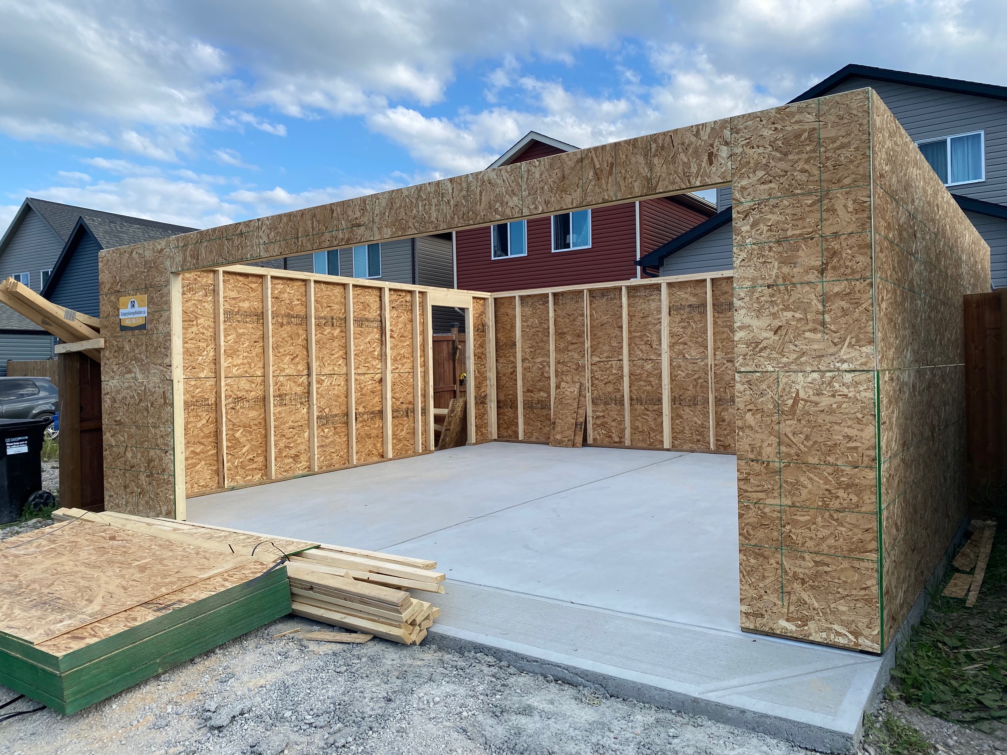 Framing started for walls of detached garage in Calgary